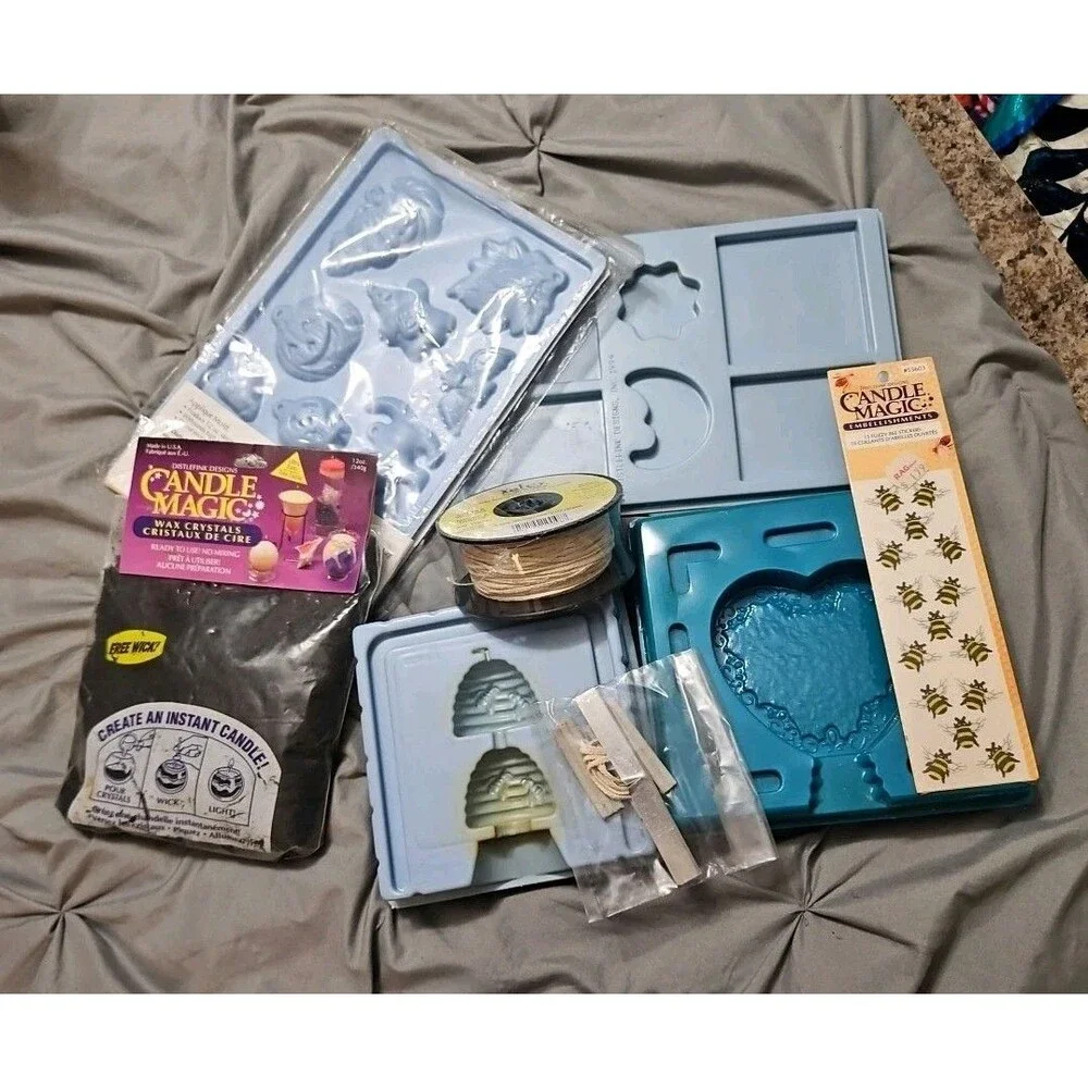 LOT OF CANDLE MAKING SUPPLIES - 4 MOLDS, CANDLE STICKERS, WICK, WAX NEW & USED